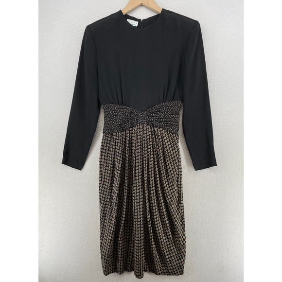 ST. GILLIAN SILKS Dress 4 Sheath Midi Printed Draped Long Sleeve Black Vintage - Picture 1 of 13